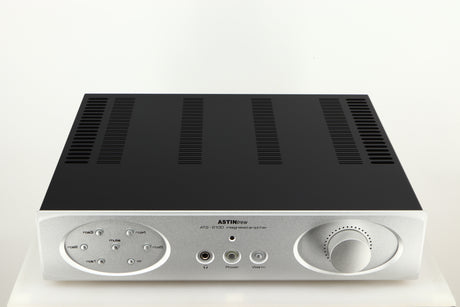 Top of a used Astin Trew AT2-2100 Integrated Amplifier in a silver finish