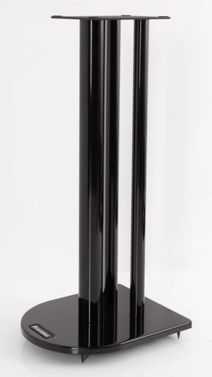 Front right corner of a used Atacama Nexus 6 Speaker Stands in a Gloss Black finish