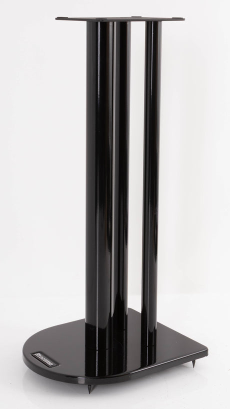 Front right corner of a used Atacama Nexus 6 Speaker Stands in a Gloss Black finish