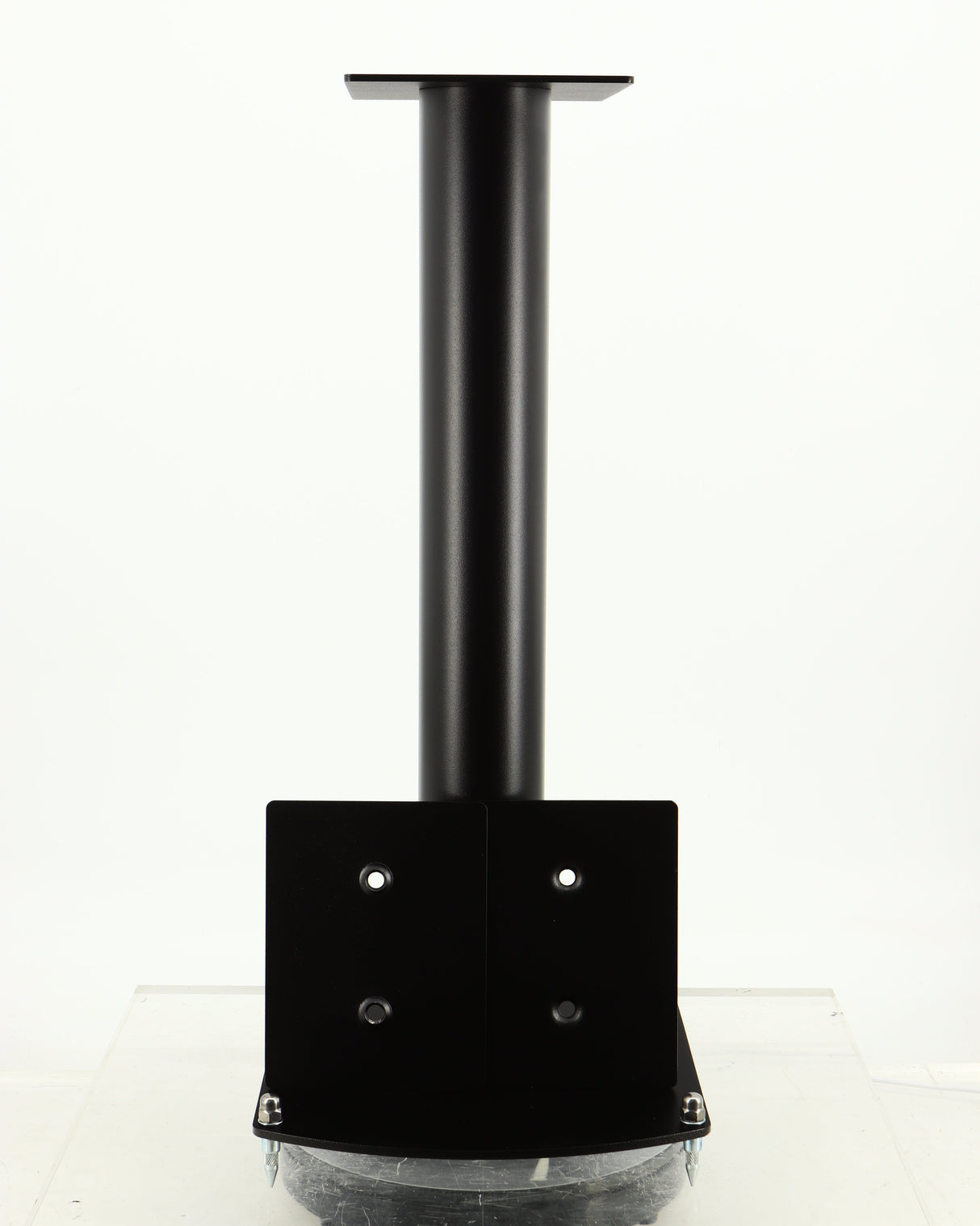 Front view of a used Atacama Nexus 600 Speaker Stand in a satin black finish showing 2x Spare Top Plates