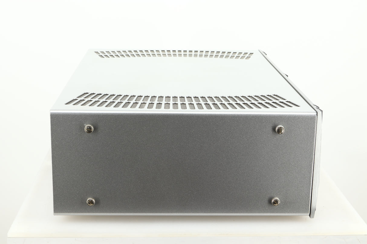 Side view of a used ATC P1 Power Amplifier in silver finish 