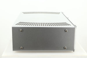 Side view of a used ATC P1 Power Amplifier in silver finish 