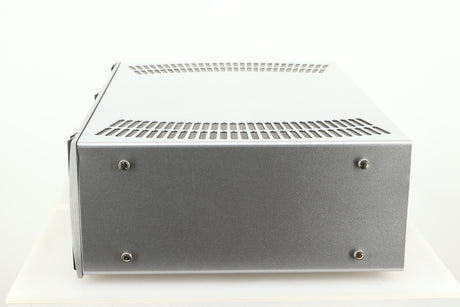 Side view of a used ATC P1 Power Amplifier in silver finish 