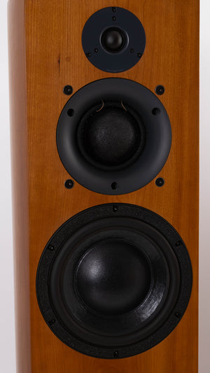 Close up of a used ATC SCM40 Floorstanding Speaker in a Cherry finish showing tweeter and woofers