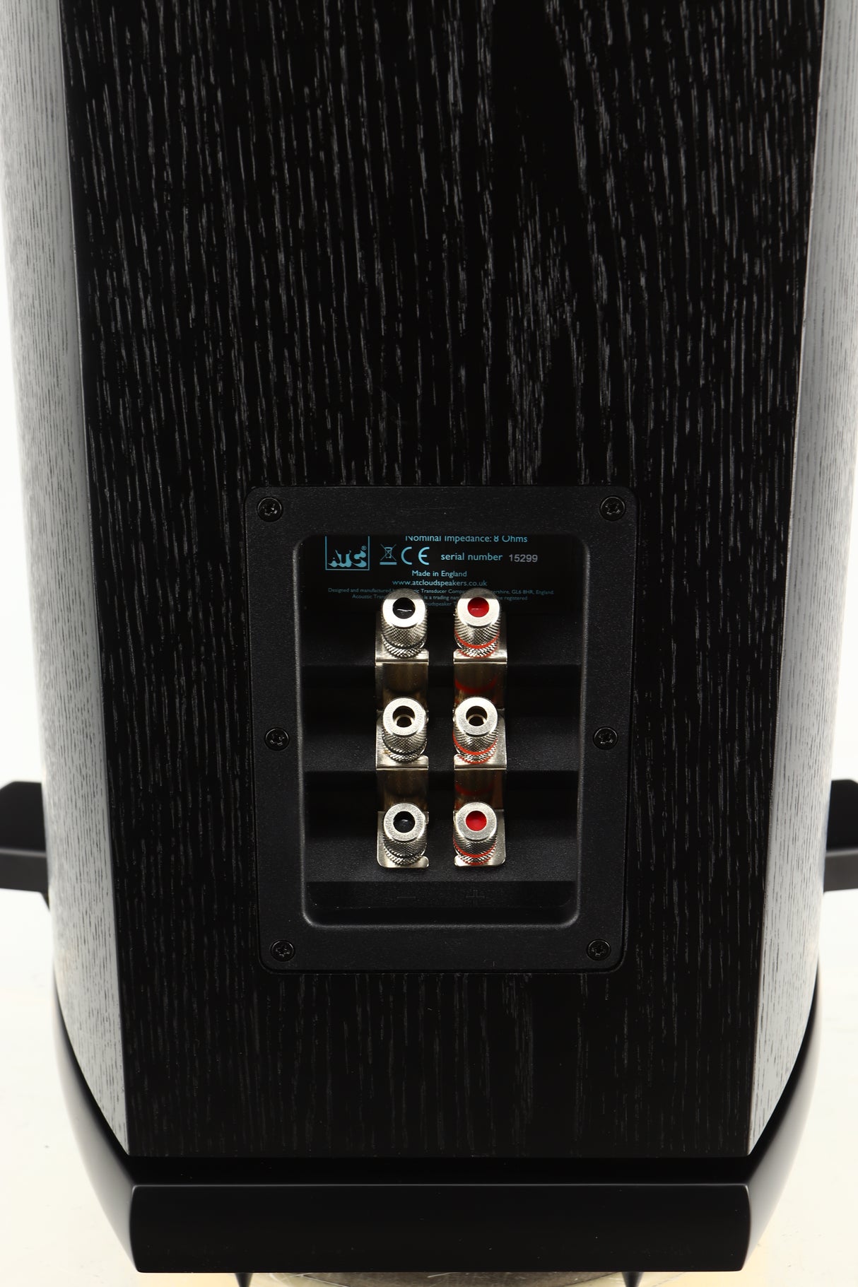 Close up view of a used ATC SCM40 Floorstanding Speaker in Black Ash finish