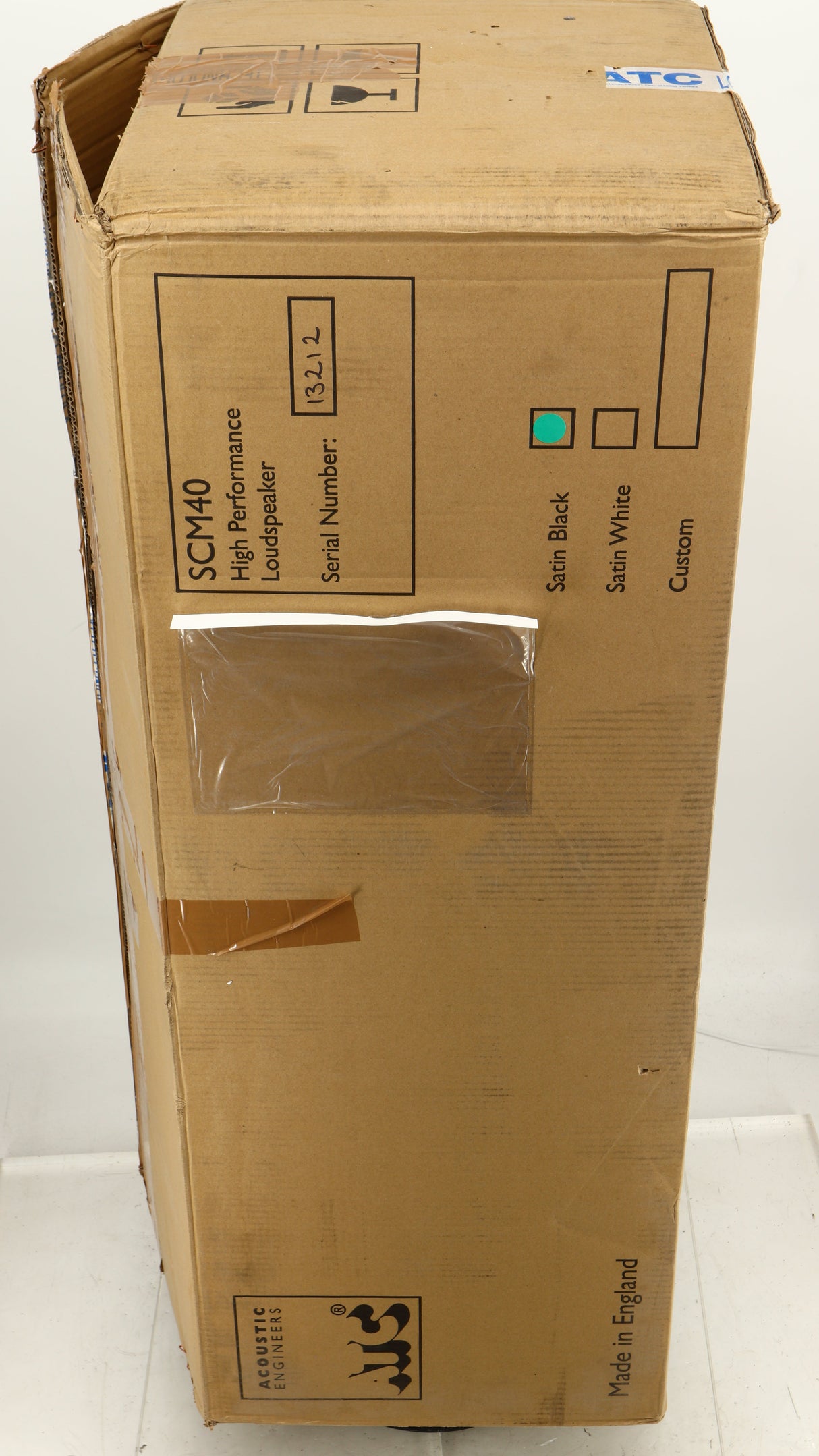 Box for a used ATC SCM40 Floorstanding Speaker in a satin black finish