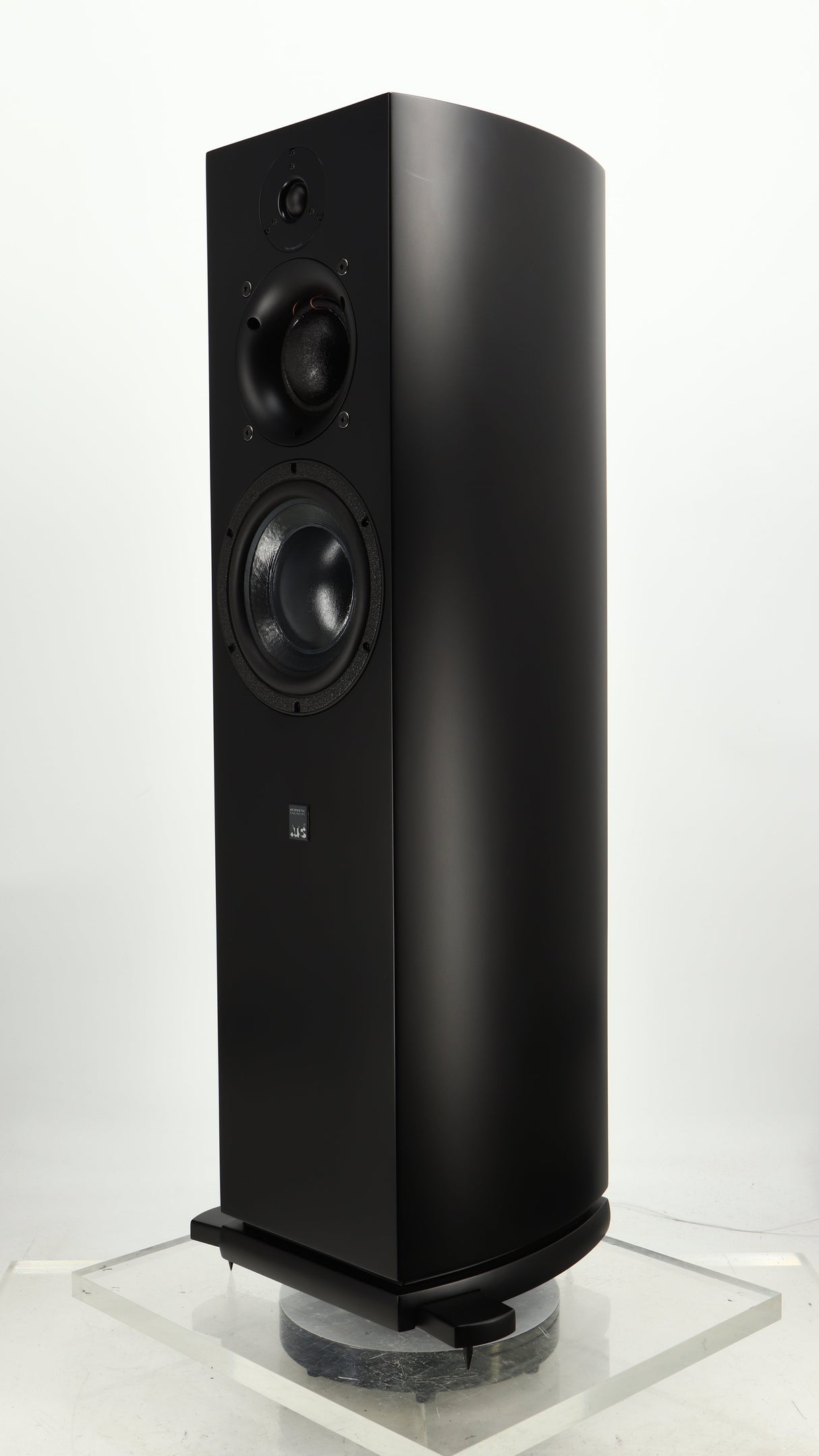 Front right corner of a used ATC SCM40 Floorstanding Speaker in a satin black finish