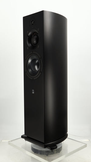 Front right corner of a used ATC SCM40 Floorstanding Speaker in a satin black finish