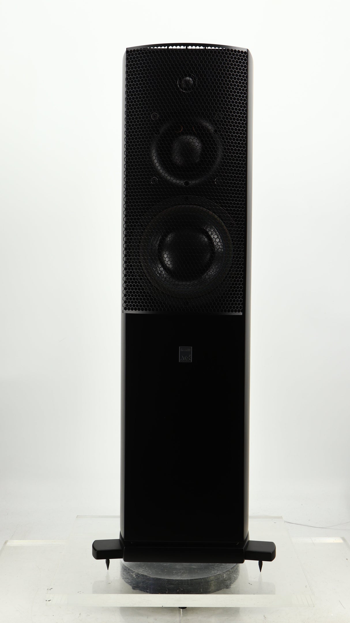 Front view of a used ATC SCM40 Floorstanding Speaker in a satin black finish showing Grille