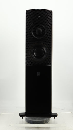 Front view of a used ATC SCM40 Floorstanding Speaker in a satin black finish showing Grille