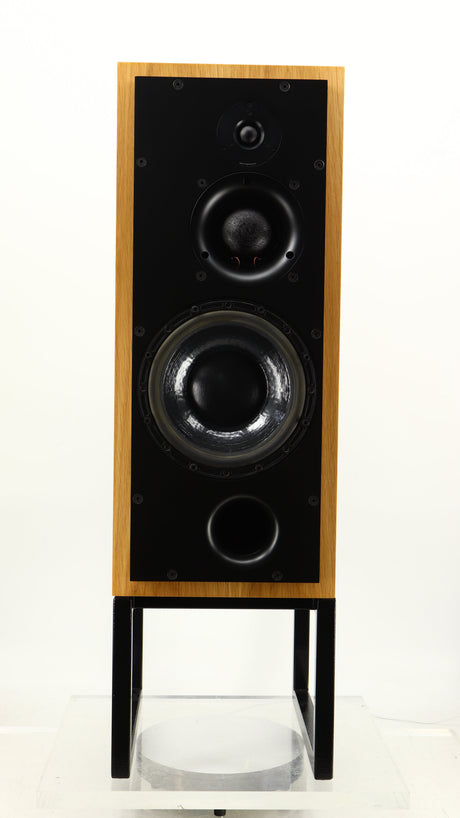 Front view of a used ATC SCM50SL Active Classic Standmount Speaker in a oak finish