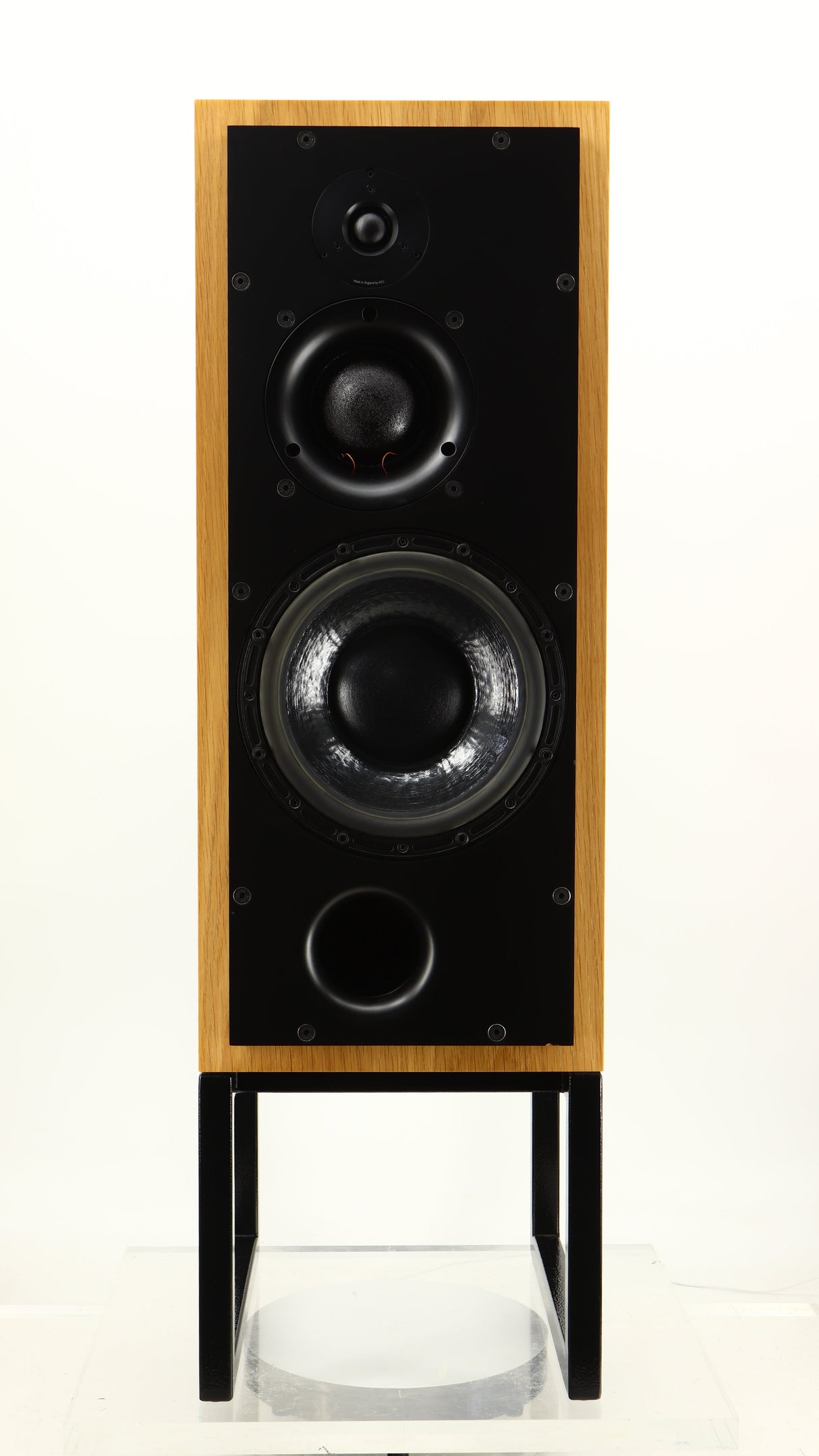 Front view of a used ATC SCM50SL Active Classic Standmount Speaker in a oak finish