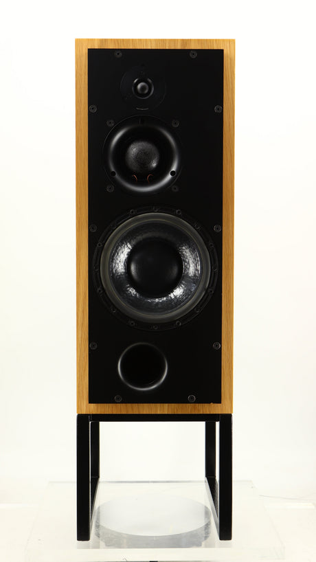 Front view of a used ATC SCM50SL Active Classic Standmount Speaker in a oak finish