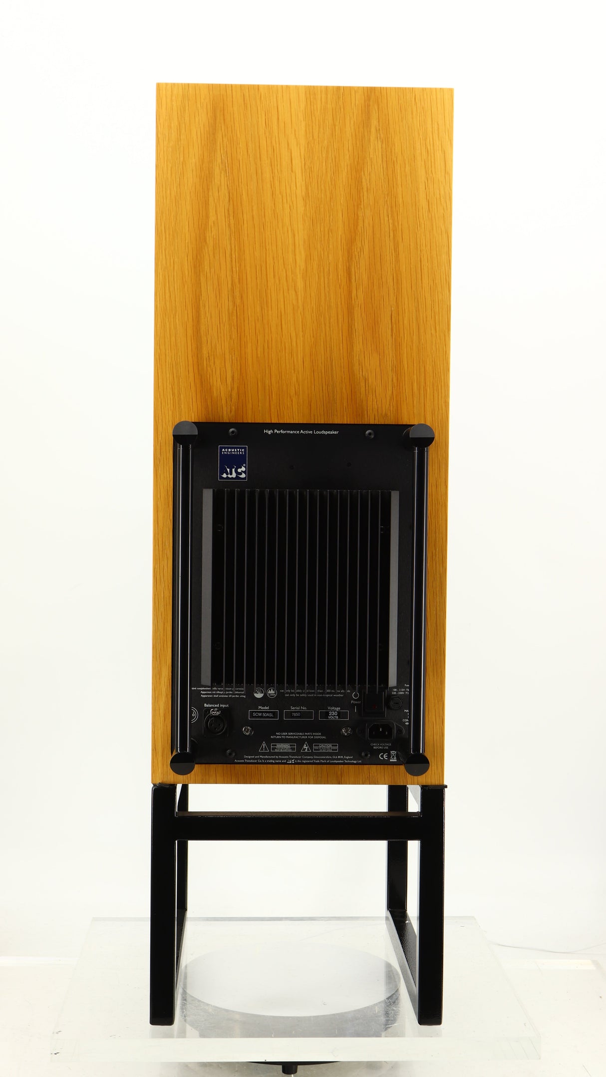 Rear view of a used ATC SCM50SL Active Classic Standmount Speaker in a oak finish