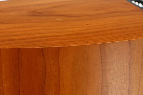Close up of a used ATC SCM7 Standmount Speaker in a cherry finish showing small nick on left edge