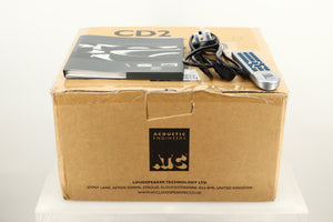 Box of a used ATC SIA2-100 Integrated Amplifier in Silver finish showing mains cable, manual, and remote
