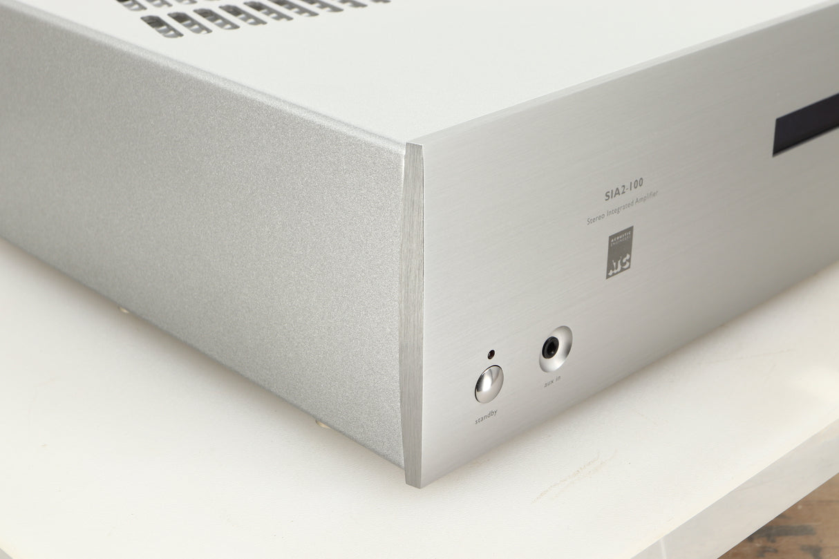 Front left corner view of a used ATC SIA2-100 Integrated Amplifier in Silver finish 