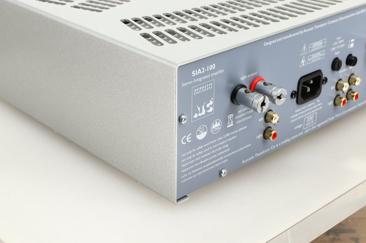 Rear left corner view of a used ATC SIA2-100 Integrated Amplifier in Silver finish 