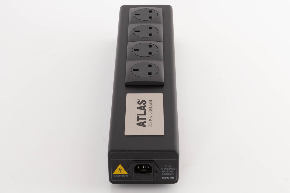 Top of a used Atlas EOS Modular 4-Way Mains Block in a Black finish
