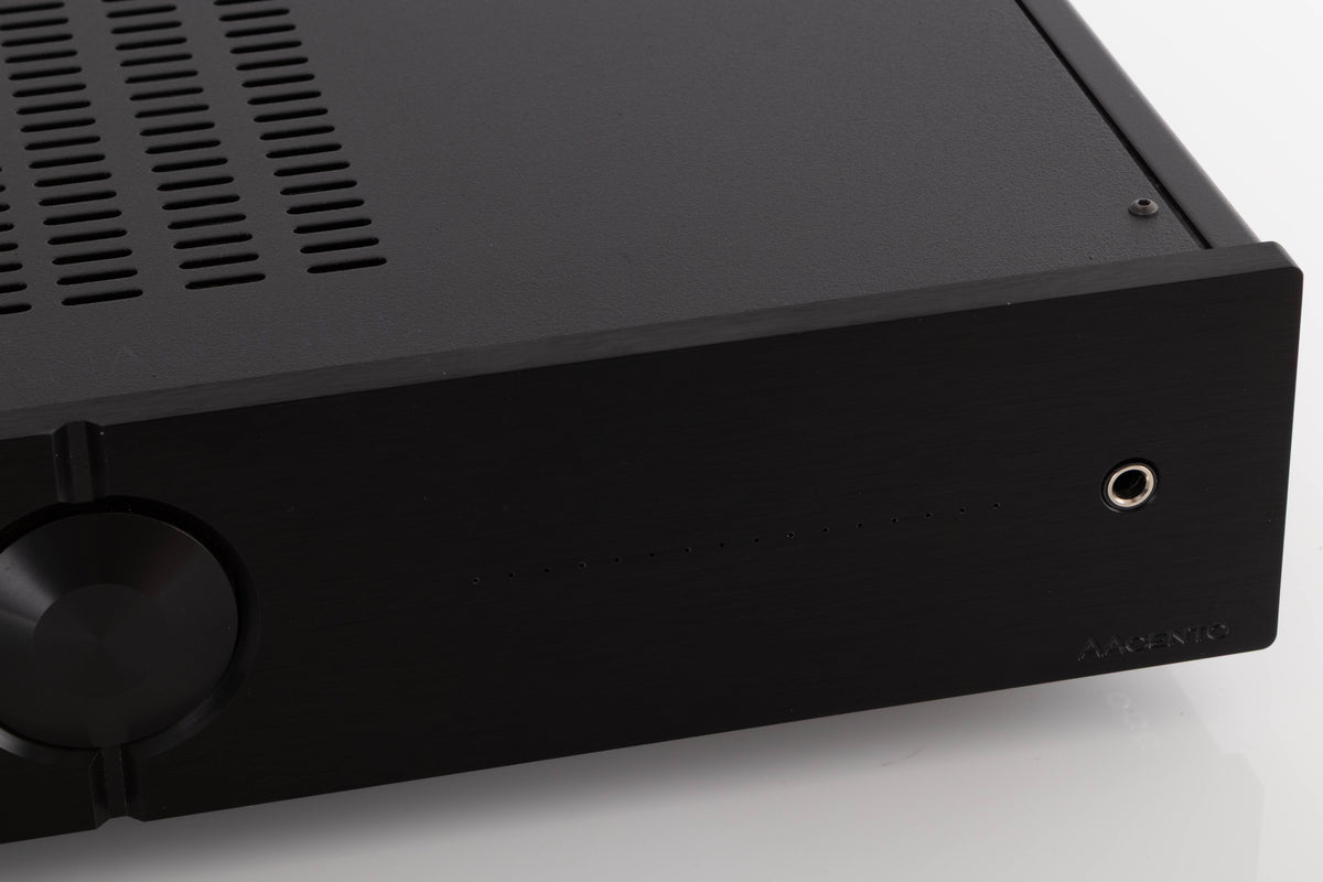 Close up of a used Audio Analogue AACento Integrated Amplifier in a Black finish showing some of the fascia