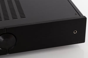 Close up of a used Audio Analogue AACento Integrated Amplifier in a Black finish showing some of the fascia