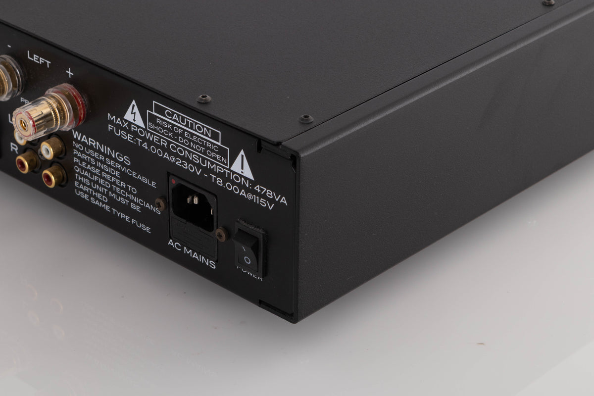 Rear left corner of a used Audio Analogue AACento Integrated Amplifier in a Black finish