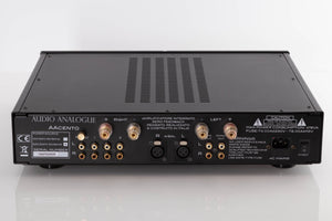 Rear view of a used Audio Analogue AACento Integrated Amplifier in a Black finish showing Mains Input, Phono Input, Phono Outputs and XLR Inputs