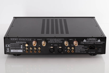 Rear view of a used Audio Analogue AACento Integrated Amplifier in a Black finish showing Mains Input, Phono Input, Phono Outputs and XLR Inputs