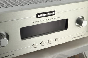 Close up view of a used Audio Research DSi200 Integrated Amplifier in silver finish showing the display