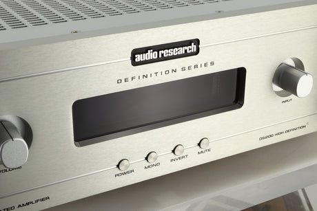 Close up view of a used Audio Research DSi200 Integrated Amplifier in silver finish showing the display