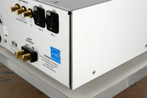 Rear right corner view of a used Audio Research DSi200 Integrated Amplifier in silver finish 