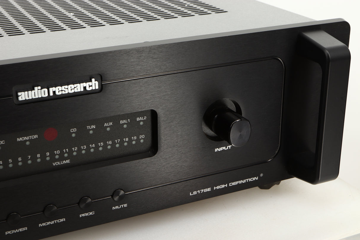 Close up of a used Audio Research LS17SE Pre Amplifier in a black finish showing some of the fascia