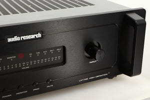 Close up of a used Audio Research LS17SE Pre Amplifier in a black finish showing some of the fascia