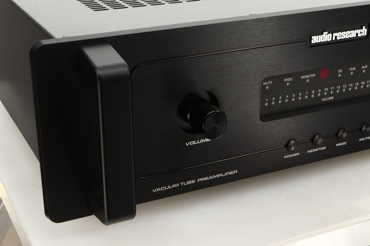 Close up of a used Audio Research LS17SE Pre Amplifier in a black finish showing some of the fascia