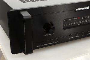 Close up of a used Audio Research LS17SE Pre Amplifier in a black finish showing some of the fascia