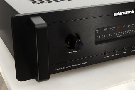 Close up of a used Audio Research LS17SE Pre Amplifier in a black finish showing some of the fascia