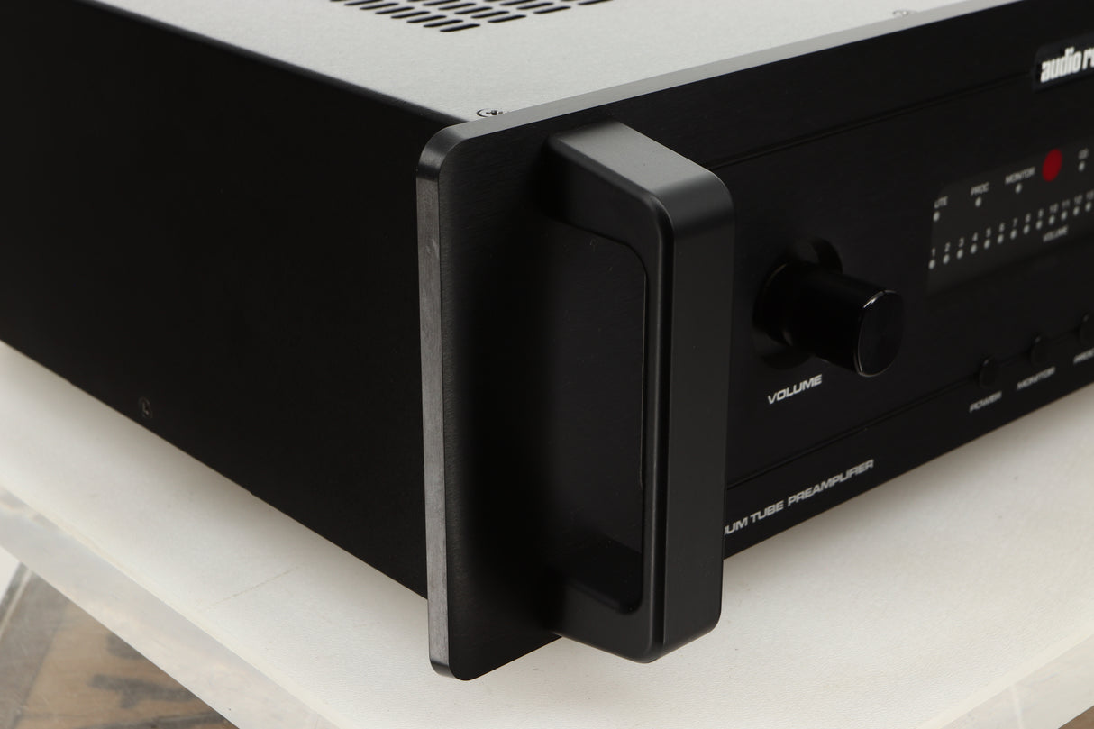 Front left corner of a used Audio Research LS17SE Pre Amplifier in a black finish