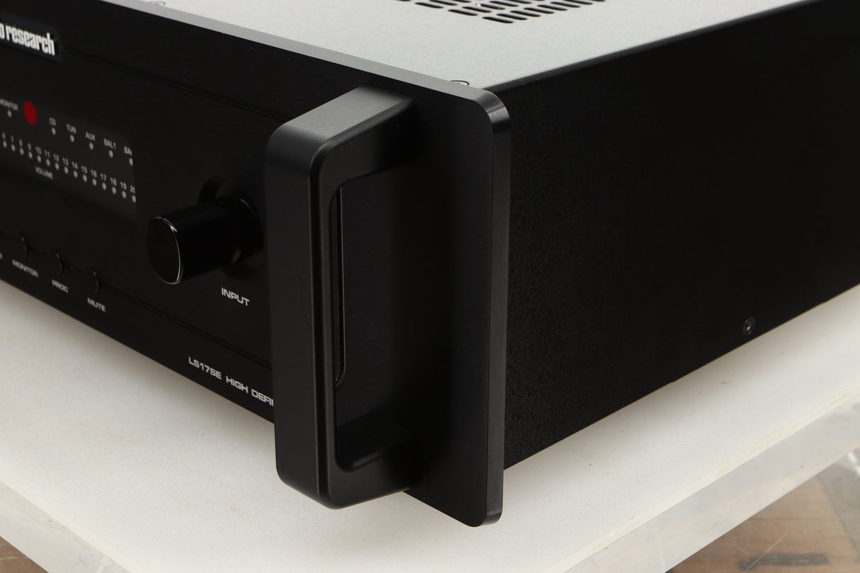Front right corner of a used Audio Research LS17SE Pre Amplifier in a black finish