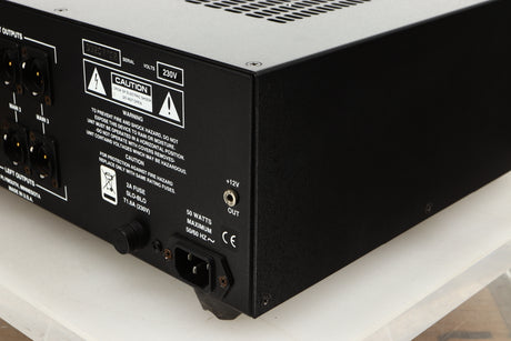 Rear left corner of a used Audio Research LS17SE Pre Amplifier in a black finish