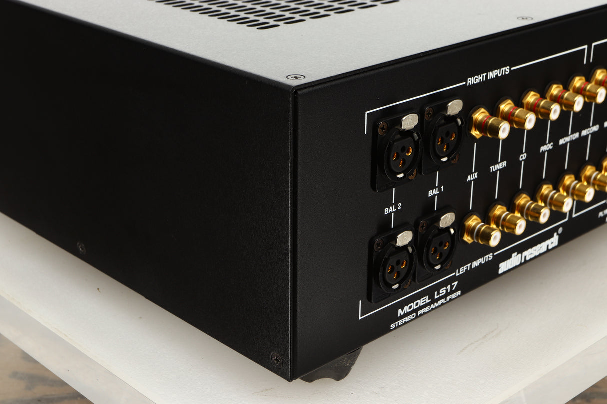 Rear right corner of a used Audio Research LS17SE Pre Amplifier in a black finish