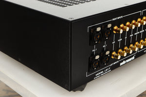 Rear right corner of a used Audio Research LS17SE Pre Amplifier in a black finish