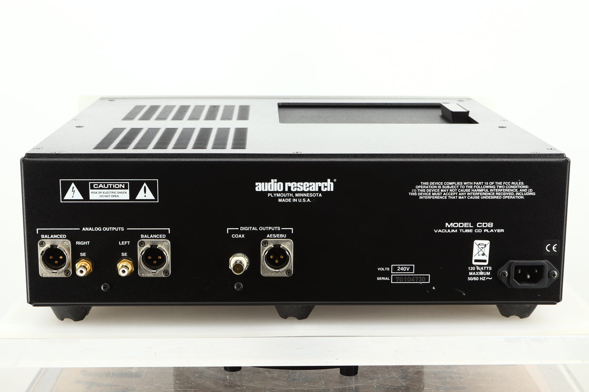 Rear view of a used Audio Research Reference CD8 CD Player in silver finish  showing Mains input, and XLR outputs 