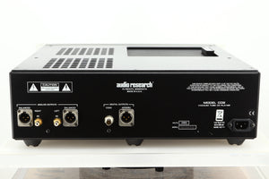 Rear view of a used Audio Research Reference CD8 CD Player in silver finish  showing Mains input, and XLR outputs 