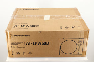 Box of a used Audio Technica AT-LPW50BT Turntable in Rosewood finish