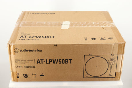 Box of a used Audio Technica AT-LPW50BT Turntable in Rosewood finish