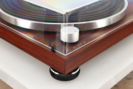 Front left corner view of a used Audio Technica AT-LPW50BT Turntable in Rosewood finish