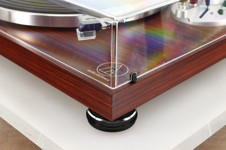 Front right corner view of a used Audio Technica AT-LPW50BT Turntable in Rosewood finish
