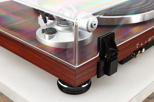 Rear left corner view of a used Audio Technica AT-LPW50BT Turntable in Rosewood finish
