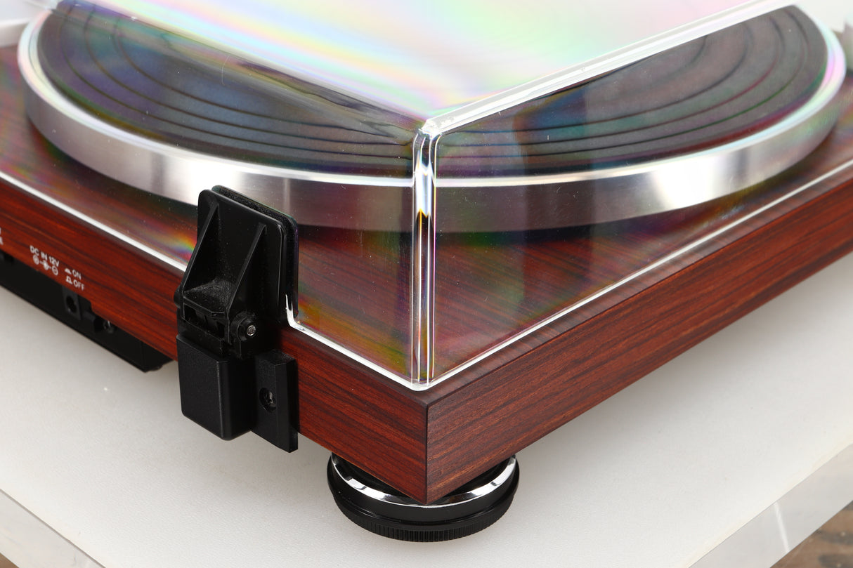 Rear right corner view of a used Audio Technica AT-LPW50BT Turntable in Rosewood finish