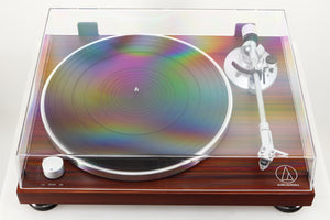 Top view of a used Audio Technica AT-LPW50BT Turntable in Rosewood finish with lid